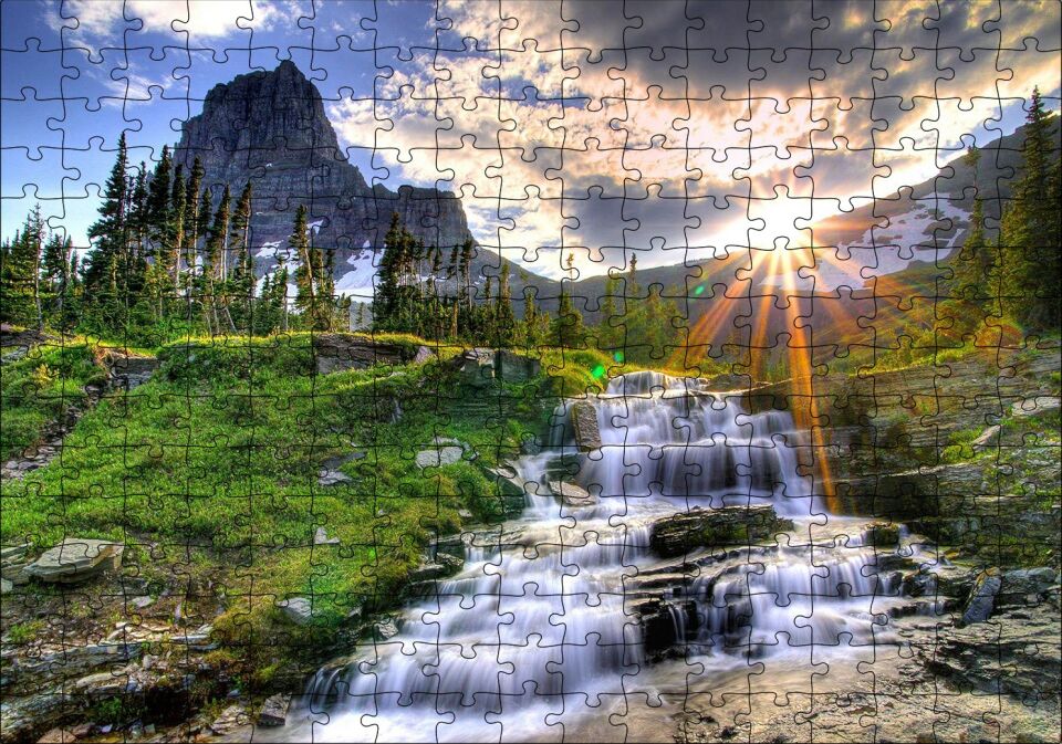 Güneş Işınları Karlı Dağ Irmak Orman Görseli Puzzle Yapboz MDF Ahşap 255 Parça 34 cm X 49 cm