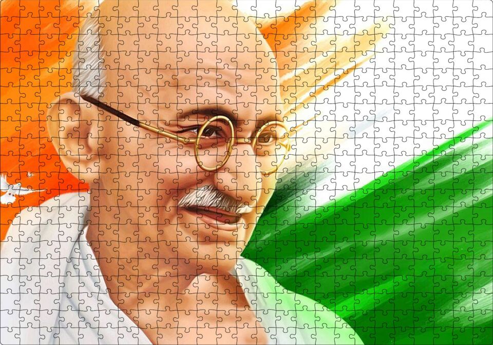 Mahatma Gandhi Turuncu Beyaz Yeşil Fon Puzzle Yapboz MDF Ahşap 500 Parça 49 cm X 68 cm