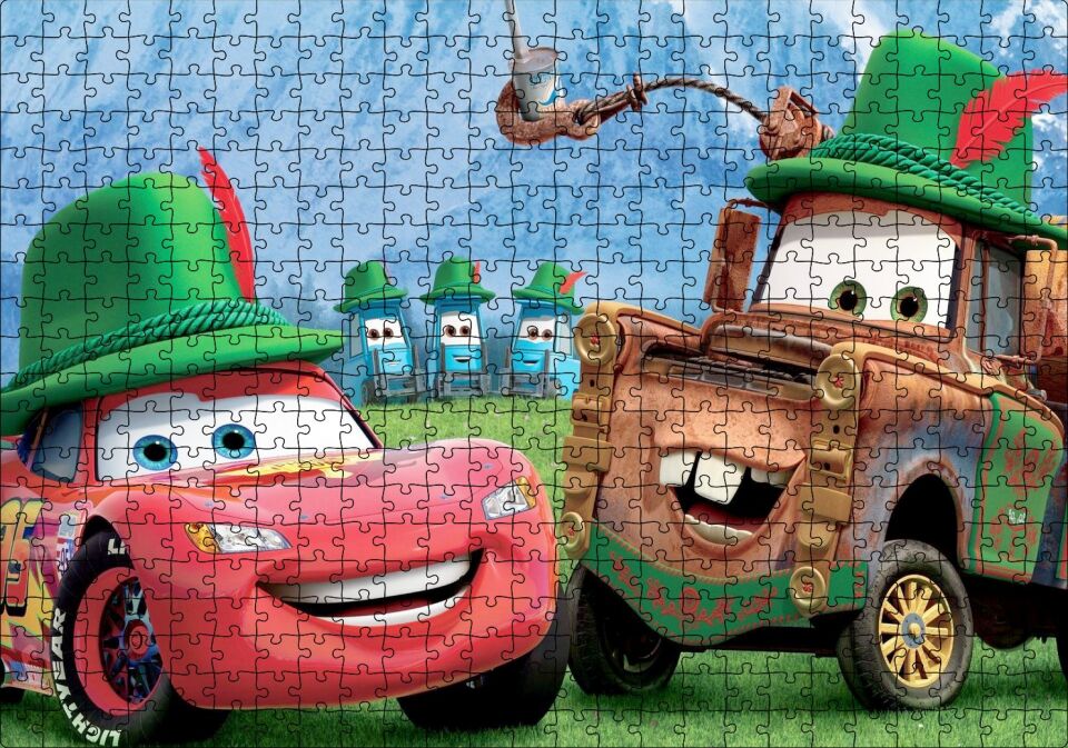 Disney Pixar Cars Tow Mater ve Şimşek McQueen İllüstrasyonu Puzzle Yapboz MDF Ahşap 500 Parça 49 cm X 68 cm