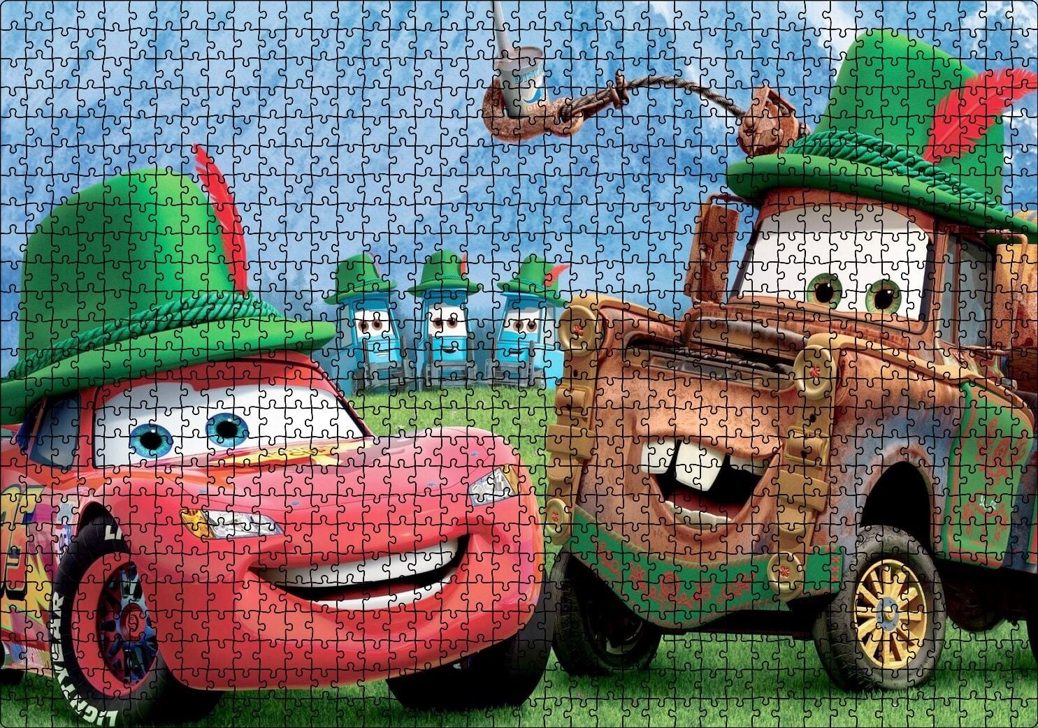 Disney Pixar Cars Tow Mater ve Şimşek McQueen İllüstrasyonu Puzzle Yapboz MDF Ahşap 1000 Parça 49 cm X 68 cm