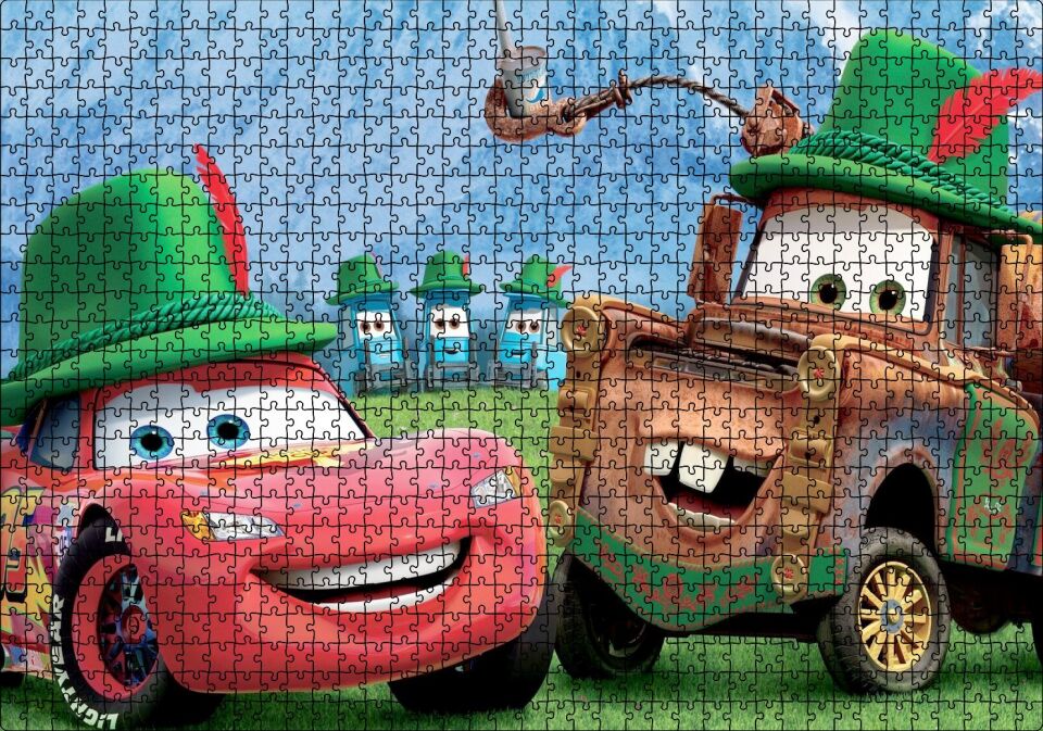 Disney Pixar Cars Tow Mater ve Şimşek McQueen İllüstrasyonu Puzzle Yapboz MDF Ahşap 1000 Parça 49 cm X 68 cm