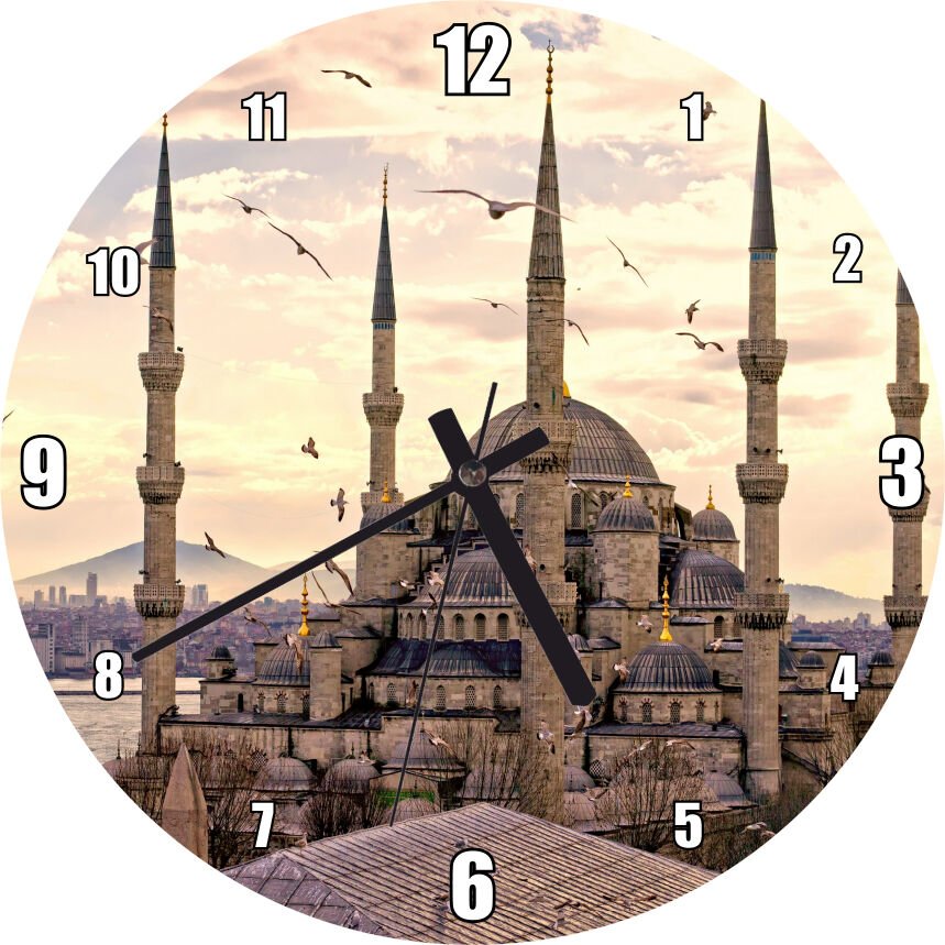 İstanbul Sultan Ahmet Camii Görseli Mdf Ahşap Duvar Saati 30 cm Çap