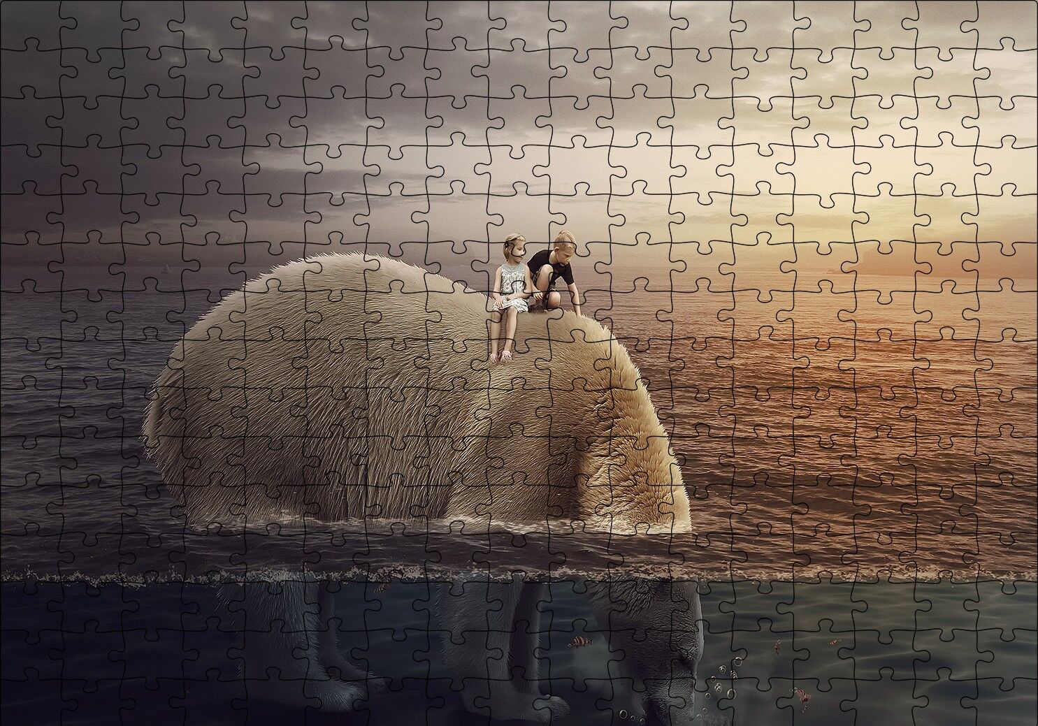 Dev Kutup Ayısı ve Üzerinde Çocuklar İllüstrasyon Puzzle Yapboz MDF Ahşap 255 Parça 34 cm X 49 cm
