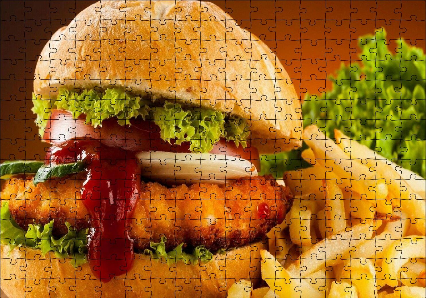Burger Patates Kızartması ve Ketçap Puzzle Yapboz MDF Ahşap 255 Parça 34 cm X 49 cm