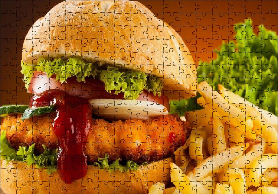 Burger Patates Kızartması ve Ketçap Puzzle Yapboz MDF Ahşap 255 Parça 34 cm X 49 cm