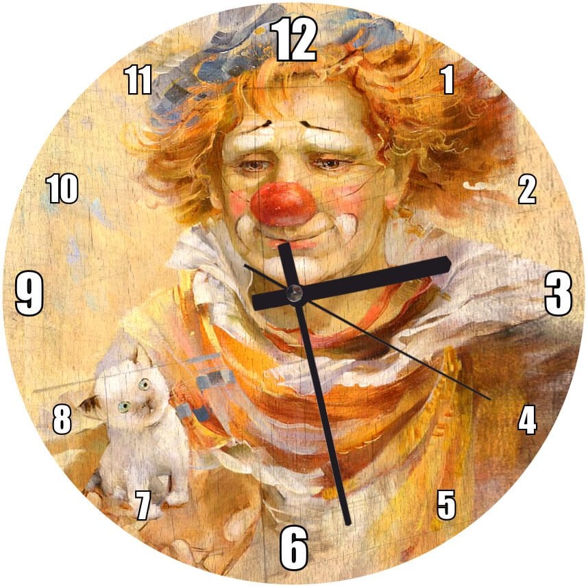 Yavru Kedi Palyaço  Mdf Ahşap Duvar Saati