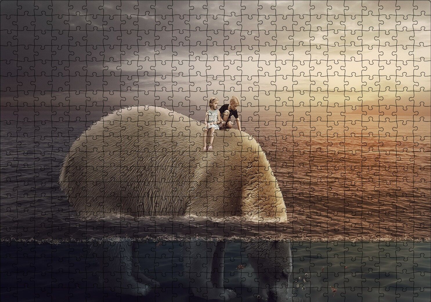 Dev Kutup Ayısı ve Üzerinde Çocuklar İllüstrasyon Puzzle Yapboz MDF Ahşap 500 Parça 49 cm X 68 cm