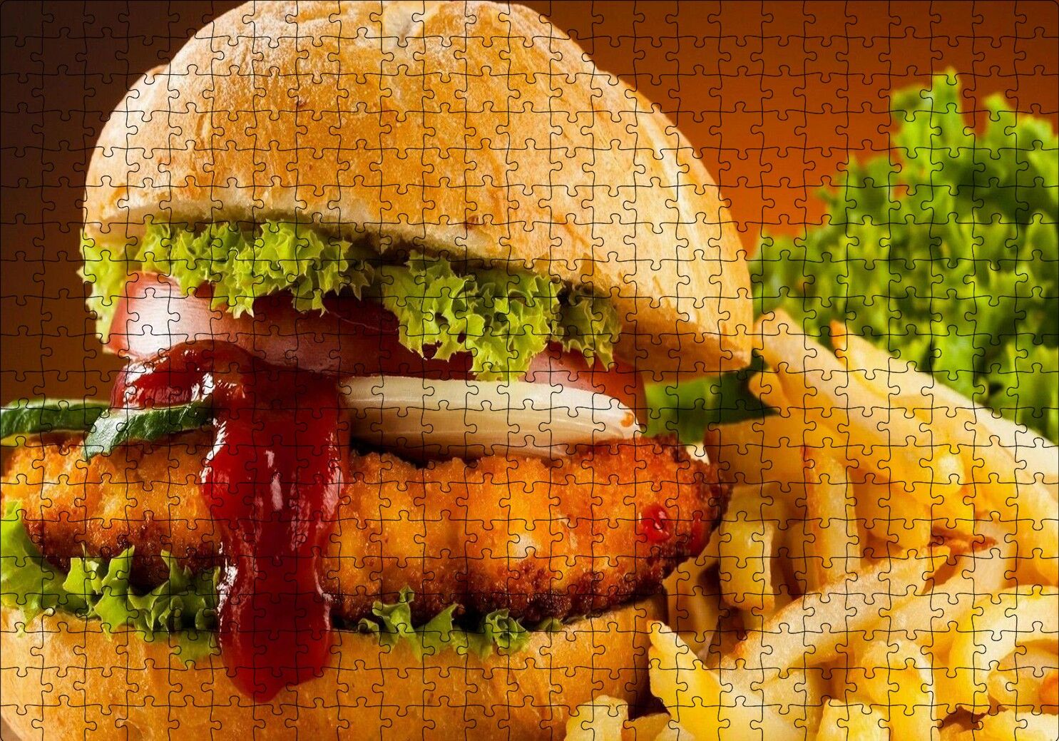 Burger Patates Kızartması ve Ketçap Puzzle Yapboz MDF Ahşap 500 Parça 49 cm X 68 cm