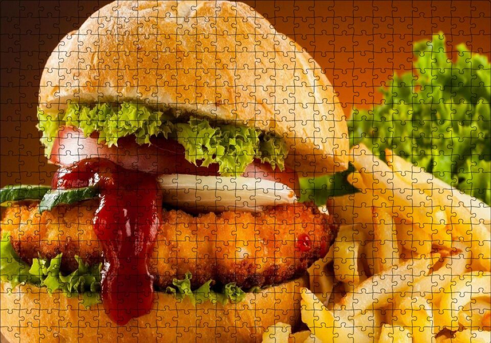Burger Patates Kızartması ve Ketçap Puzzle Yapboz MDF Ahşap 500 Parça 49 cm X 68 cm