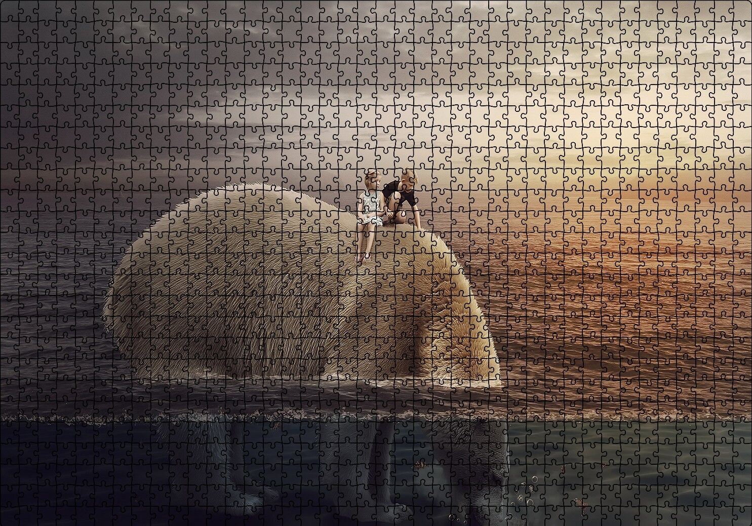 Dev Kutup Ayısı ve Üzerinde Çocuklar İllüstrasyon Puzzle Yapboz MDF Ahşap 1000 Parça 49 cm X 68 cm