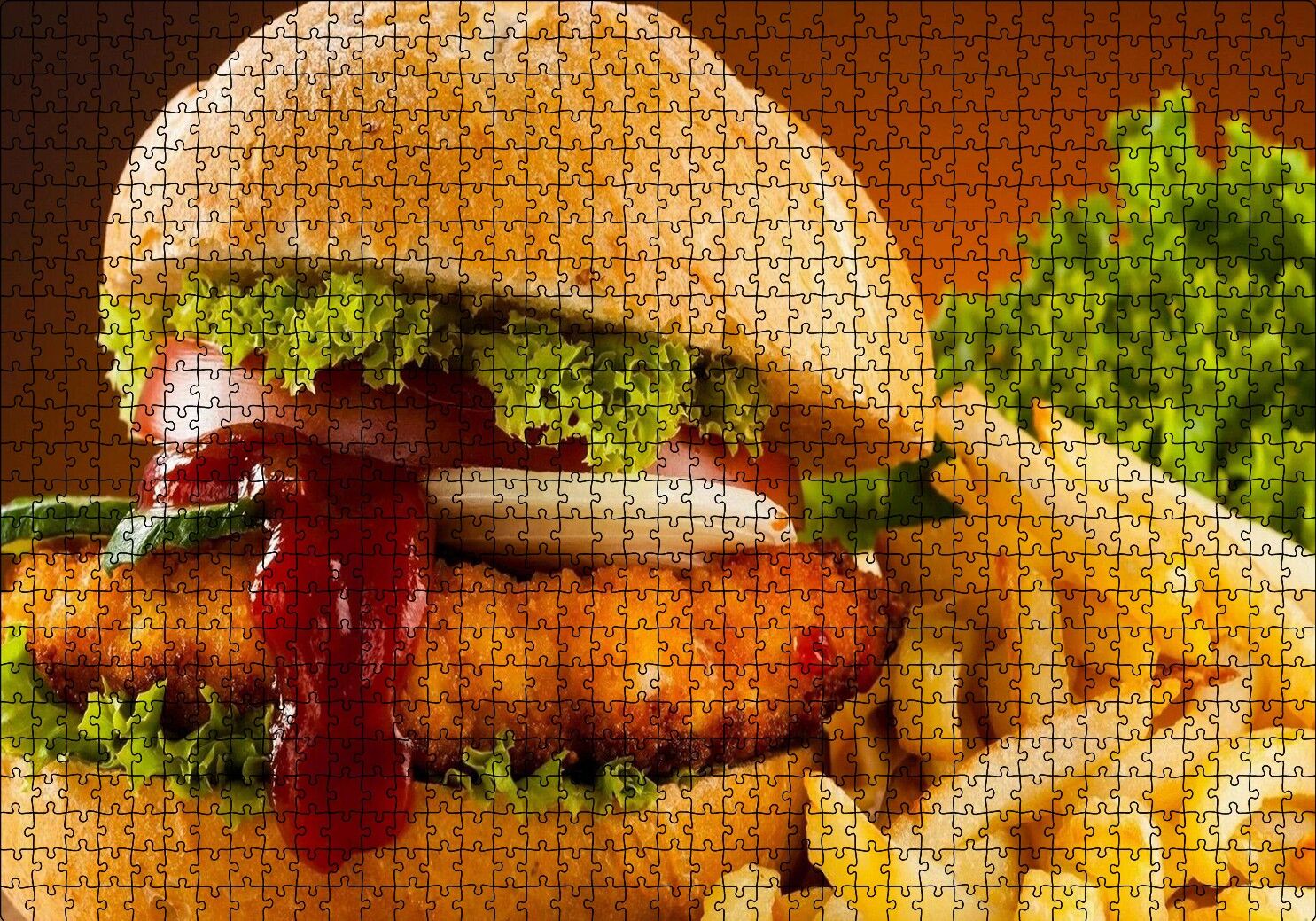 Burger Patates Kızartması ve Ketçap Puzzle Yapboz MDF Ahşap 1000 Parça 49 cm X 68 cm