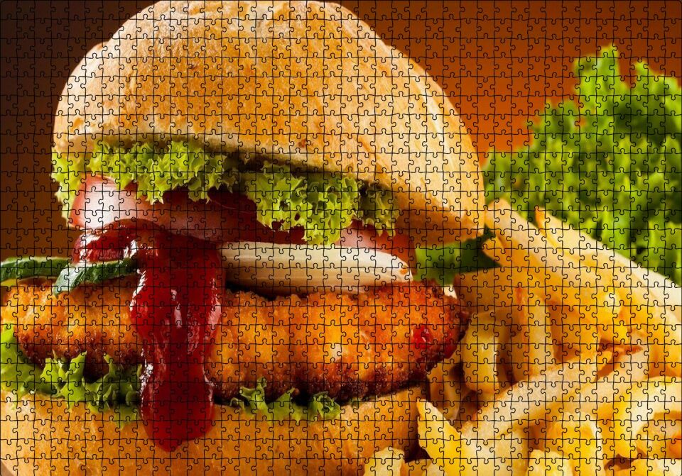 Burger Patates Kızartması ve Ketçap Puzzle Yapboz MDF Ahşap 1000 Parça 49 cm X 68 cm