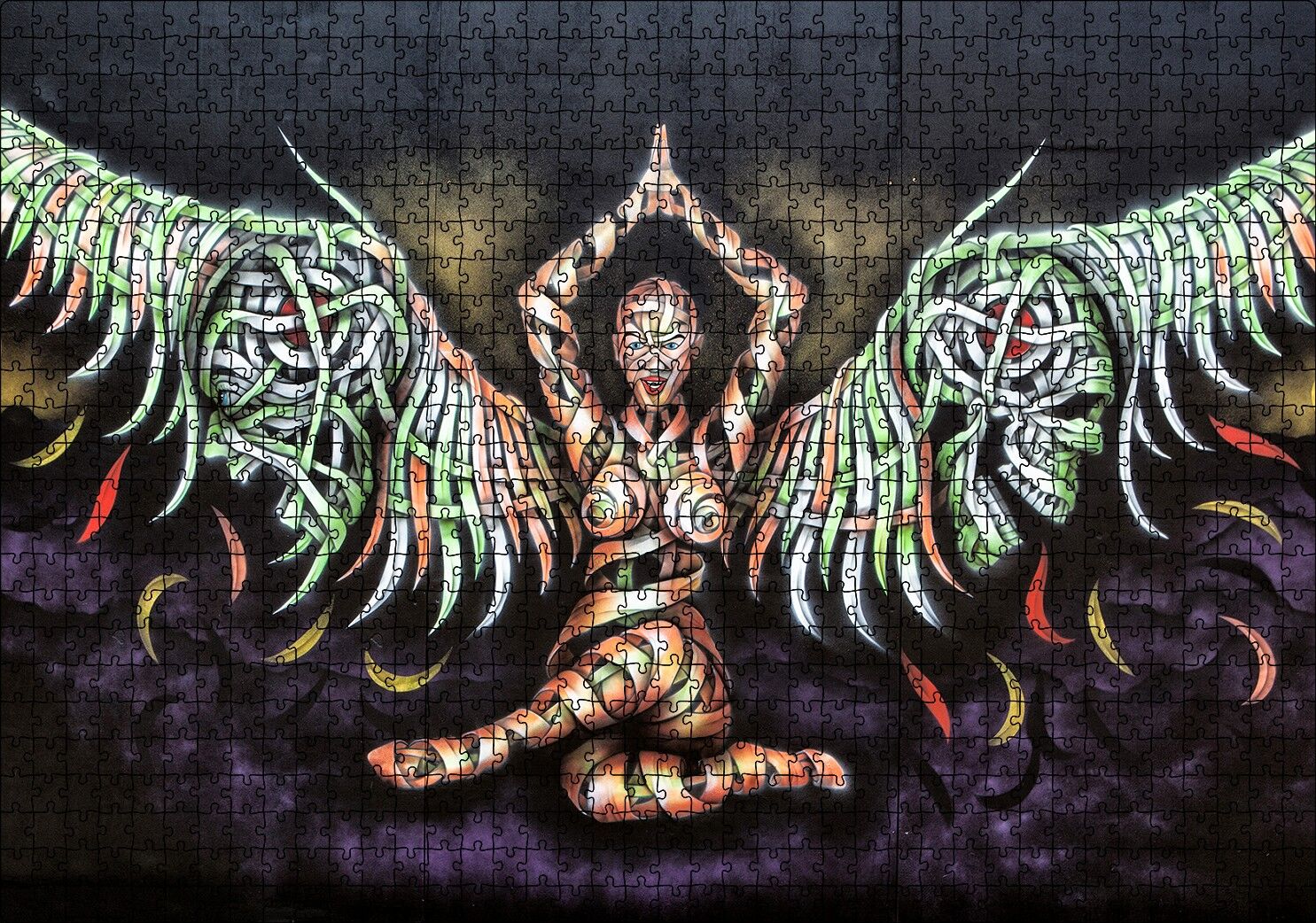Mumya Melek ve Kurukafalar Duvar Boyama Puzzle Yapboz MDF Ahşap 1000 Parça 49 cm X 68 cm