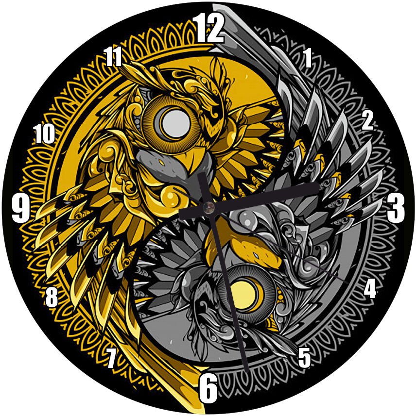 Yin Yang Baykuş  Mdf Ahşap Duvar Saati