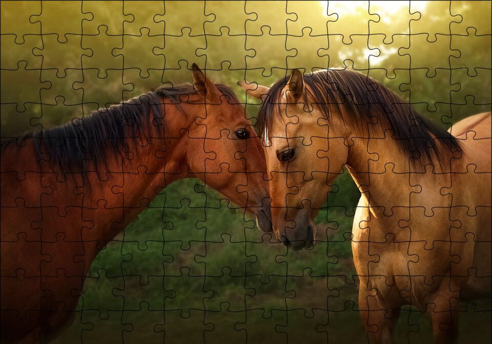 Yeşillikler ve Kahverengi At Çifti Puzzle Yapboz MDF Ahşap