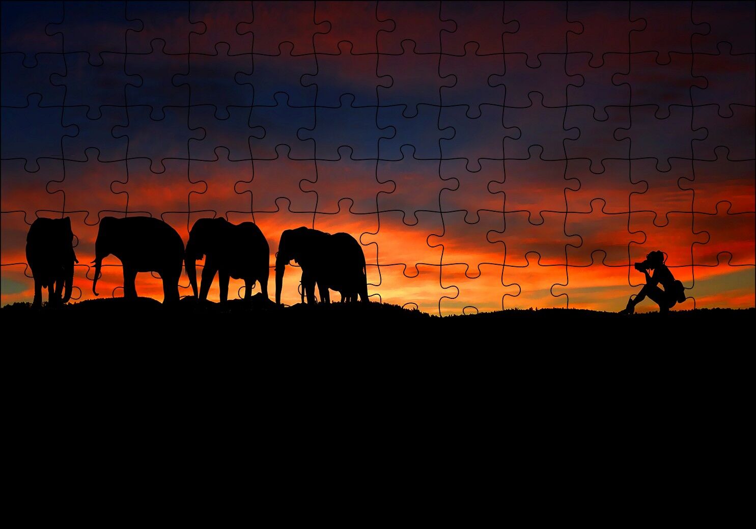 Günbatımı Filler ve Safari Fotoğrafçısı Puzzle Yapboz MDF Ahşap 120 Parça 24 cm X 34 cm