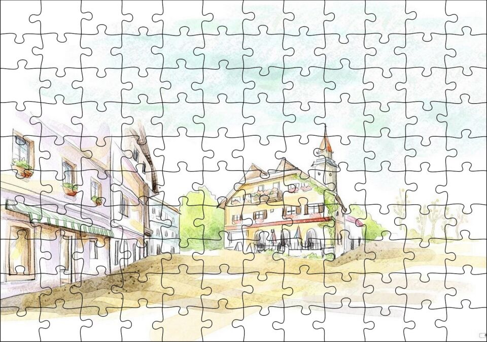 Avrupa Kasabası Kilise ve Binalar Çizim Puzzle Yapboz MDF Ahşap