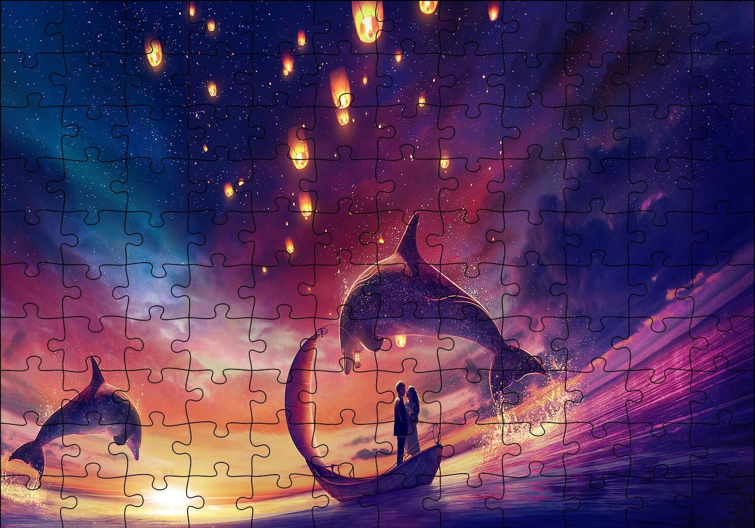 Yunuslar ve Fantastik Sandalda Romantik Çift Puzzle Yapboz MDF Ahşap