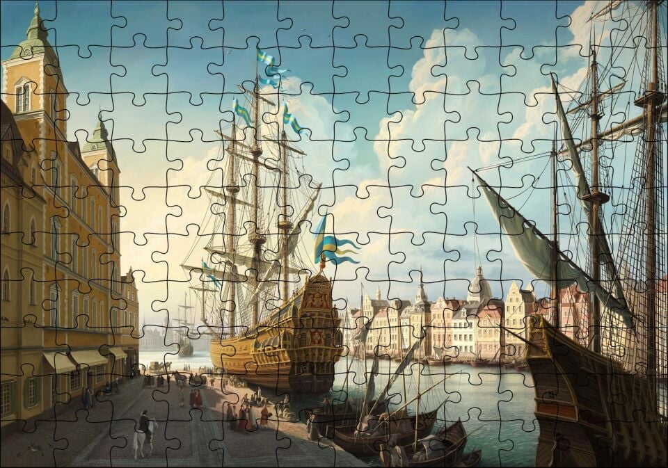 Avrupa'da Eski Bir Liman Kenti ve Gemiler Puzzle Yapboz MDF Ahşap