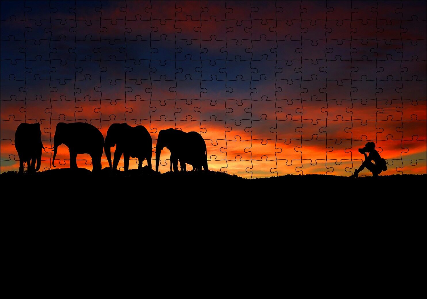 Günbatımı Filler ve Safari Fotoğrafçısı Puzzle Yapboz MDF Ahşap 255 Parça 34 cm X 49 cm