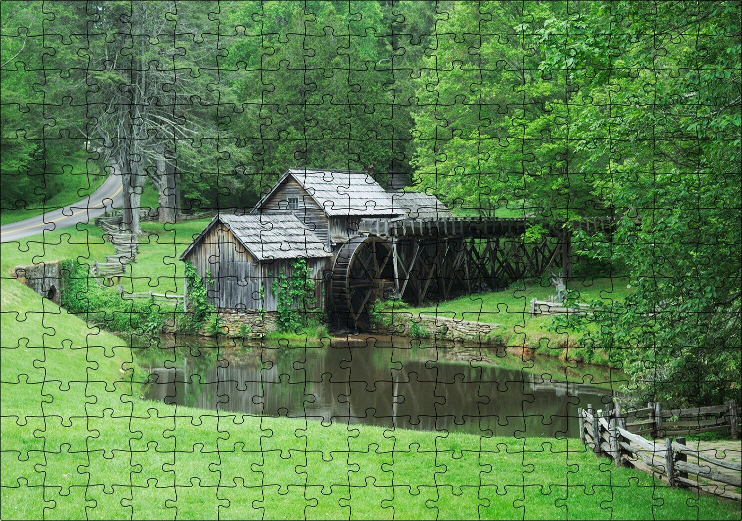 Orman Kenarındaki Ahşap Kulübe ve Değirmen Puzzle Yapboz MDF Ahşap 255 Parça 34 cm X 49 cm