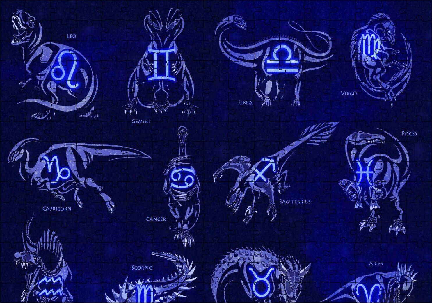 Dinozorlu Burç Sembolleri Neon Puzzle Yapboz MDF Ahşap 255 Parça 34 cm X 49 cm