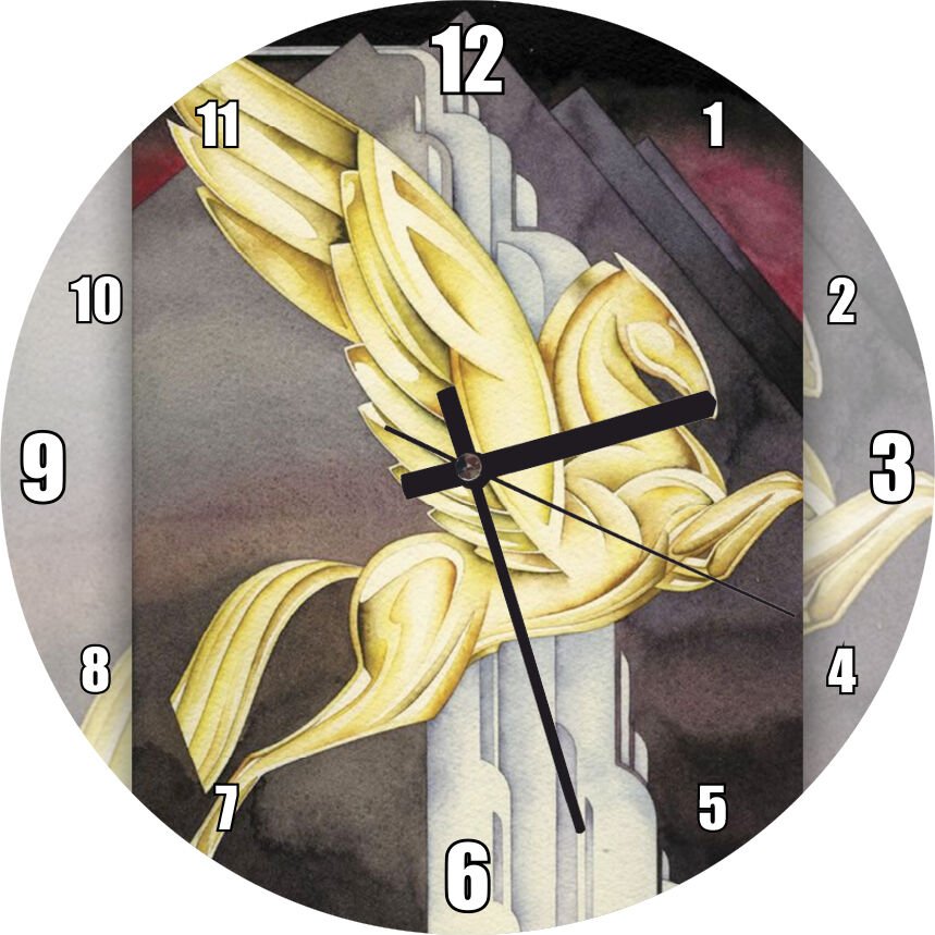 Altın Kanatlı At ve Gri Şekiller  Mdf Ahşap Duvar Saati