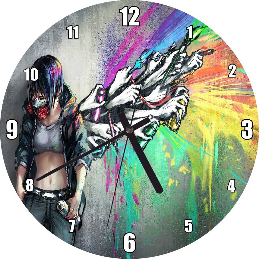 Graffiti Sanatçısı Kız ve Özgür Kalan Sanatı Mdf Ahşap Duvar Saati 30 cm Çap