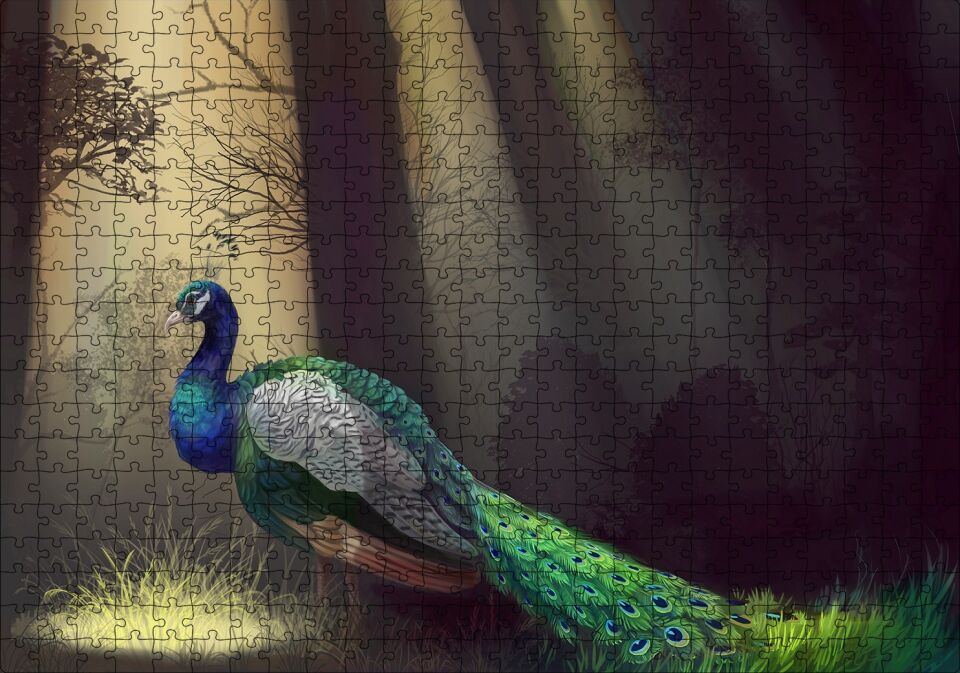 Ormandaki Yalnız Tavuskuşu ve Ağaçlar Puzzle Yapboz MDF Ahşap 500 Parça 49 cm X 68 cm