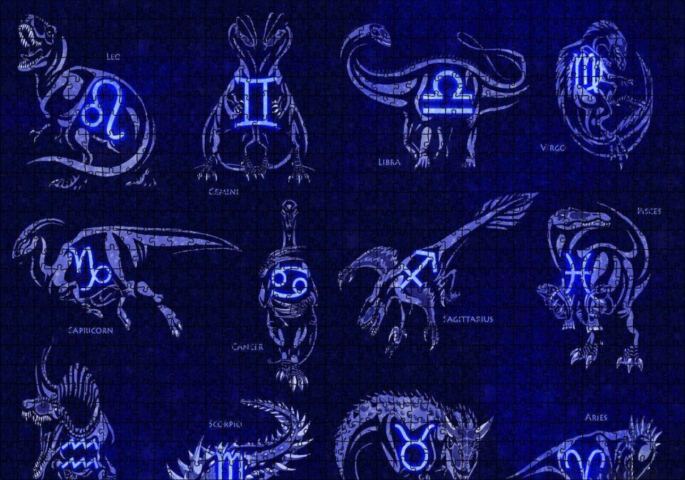 Dinozorlu Burç Sembolleri Neon Puzzle Yapboz MDF Ahşap 1000 Parça 49 cm X 68 cm