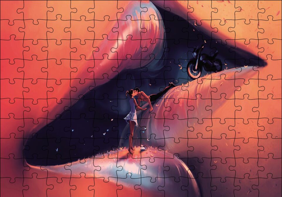 Dudakta Öpüşen Gençler Soyut Puzzle Yapboz MDF Ahşap