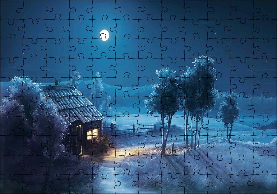 Ay Gecesi Yalnız Ev Ağaçlar Görseli Puzzle Yapboz MDF Ahşap
