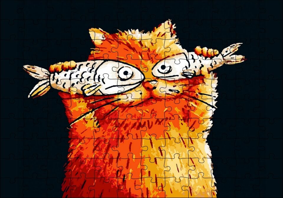 Balık Gözlü Kedi Karikatürize Puzzle Yapboz MDF Ahşap