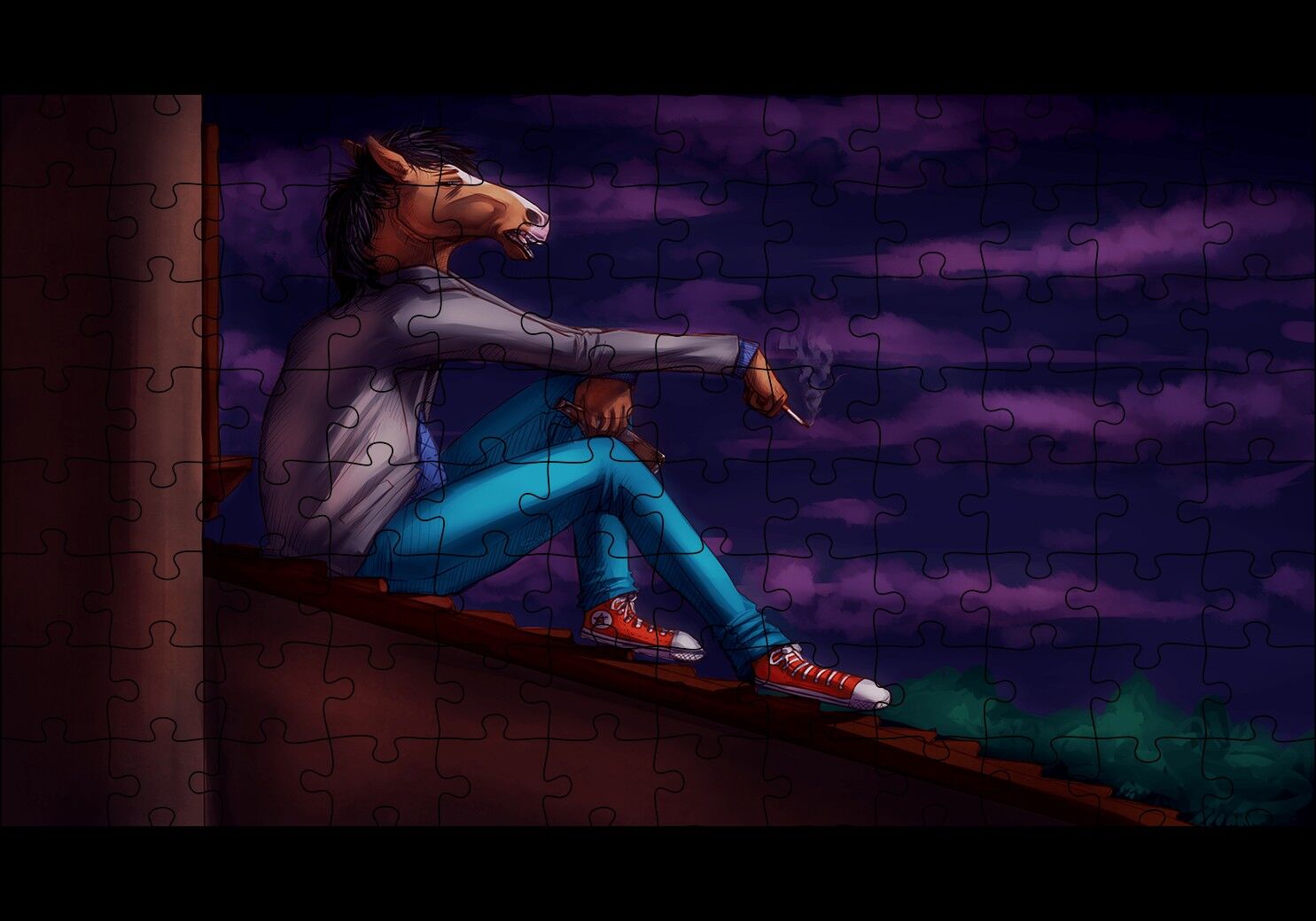 Çatıda Sigara İçen Bojack Horseman Puzzle Yapboz MDF Ahşap 120 Parça 24 cm X 34 cm
