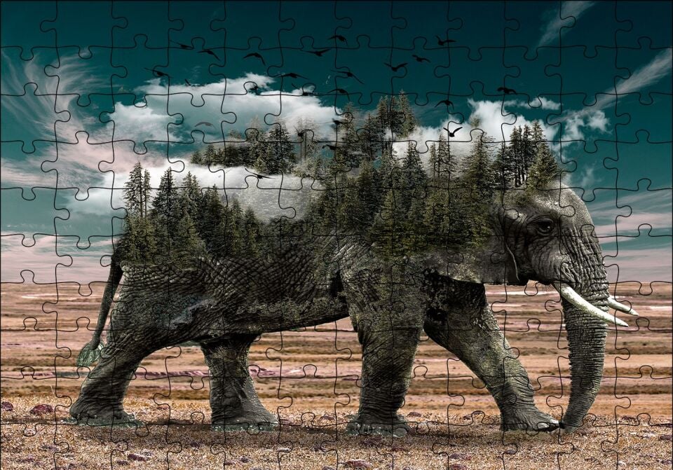 Ormanları ve Bulutları Barındıran Fil Puzzle Yapboz MDF Ahşap 120 Parça 24 cm X 34 cm