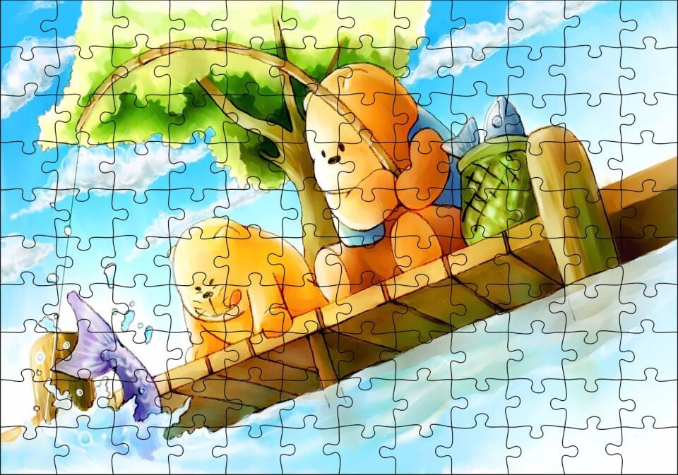 Ayı Bubu Balık Tutuyor Puzzle Yapboz MDF Ahşap
