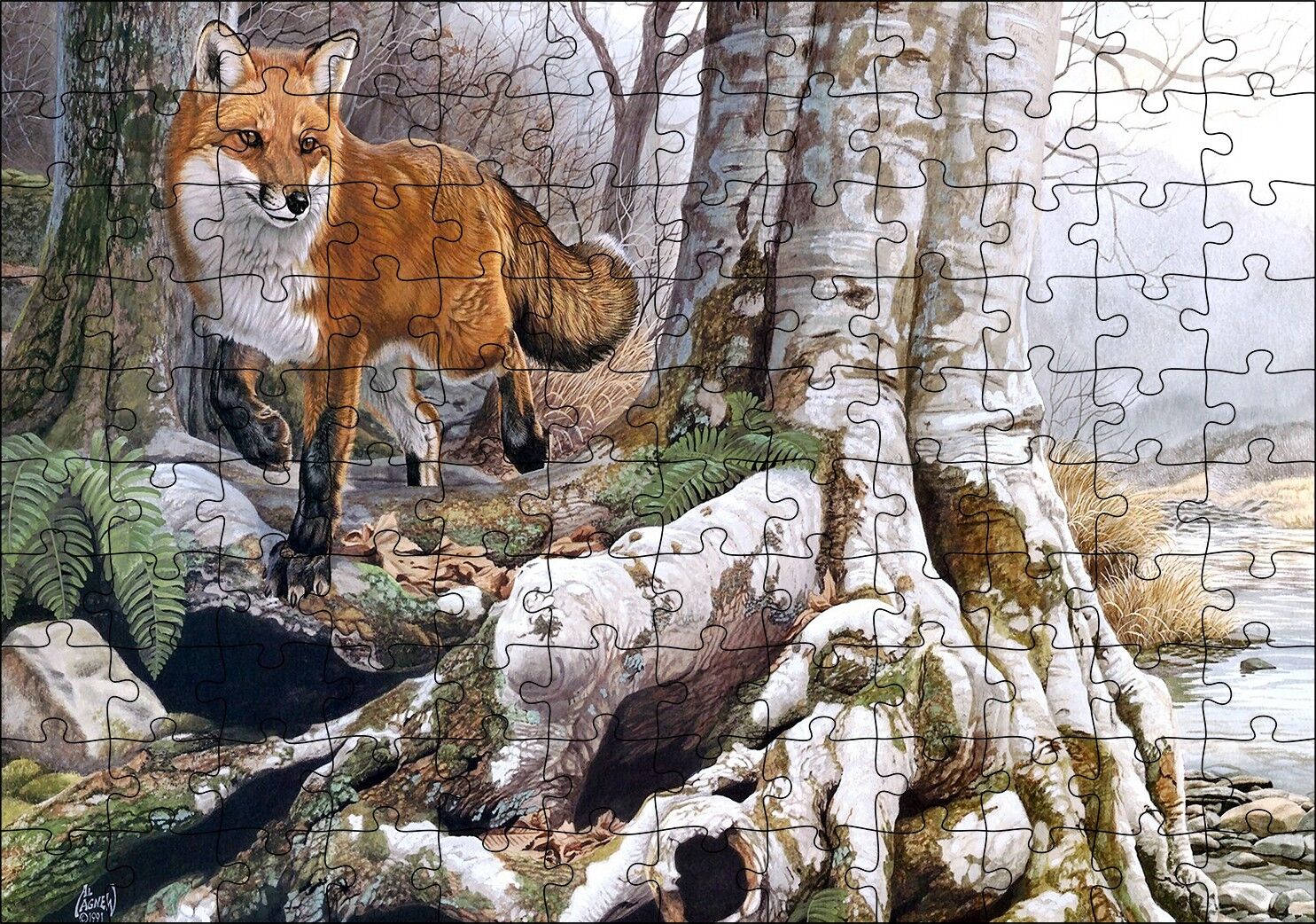 Ormandaki Yaşlı Ağaç ve Kahverengi Tilki Puzzle Yapboz MDF Ahşap 120 Parça 24 cm X 34 cm