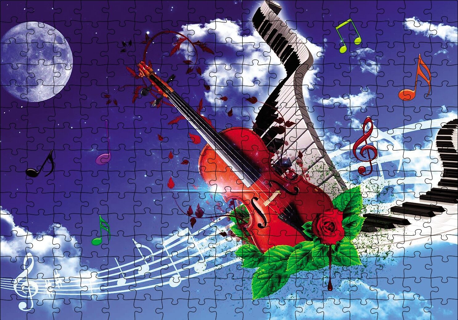 Gökyüzündeki Notalar ve Gitar Puzzle Yapboz MDF Ahşap 255 Parça 34 cm X 49 cm