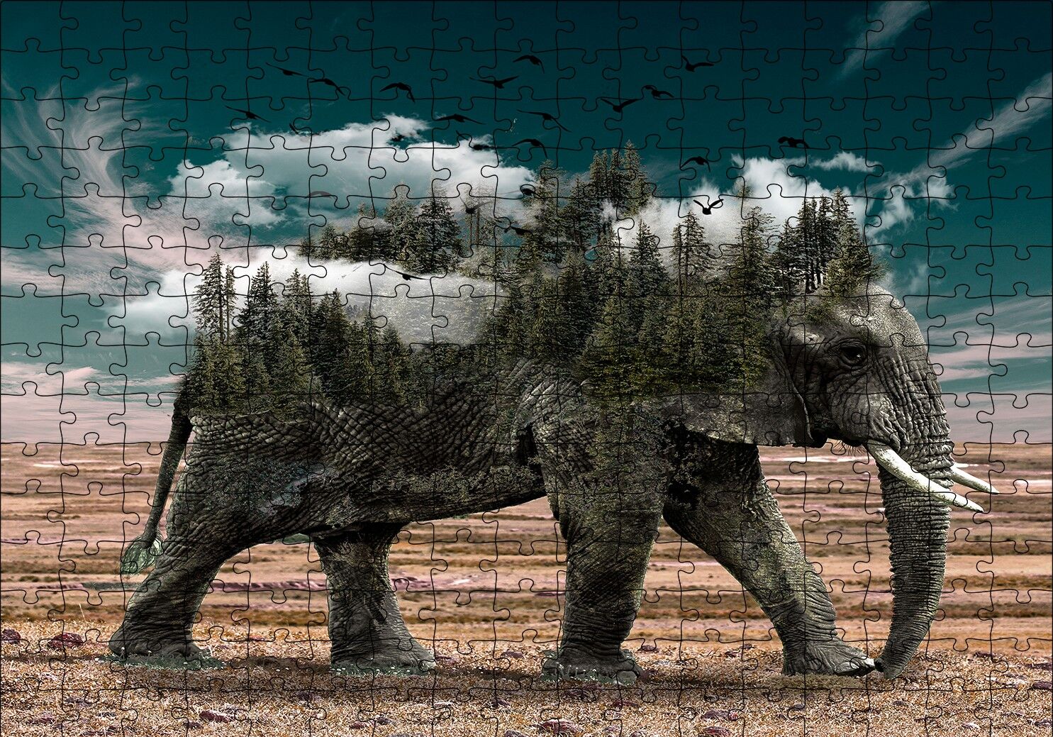 Ormanları ve Bulutları Barındıran Fil Puzzle Yapboz MDF Ahşap 255 Parça 34 cm X 49 cm