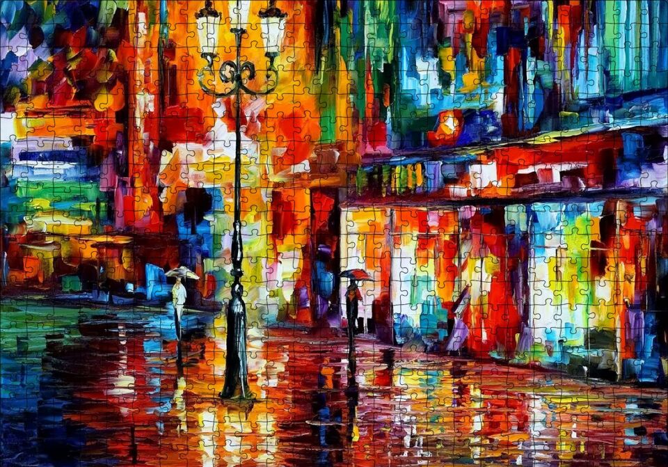 Yağmur Mağaza Işıkları ve Sokak Lambası Yağlı Boya Puzzle Yapboz MDF Ahşap 500 Parça 49 cm X 68 cm