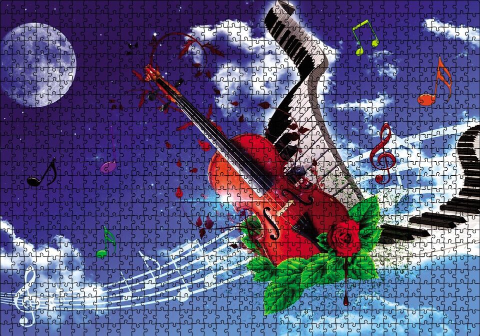 Gökyüzündeki Notalar ve Gitar Puzzle Yapboz MDF Ahşap 1000 Parça 49 cm X 68 cm