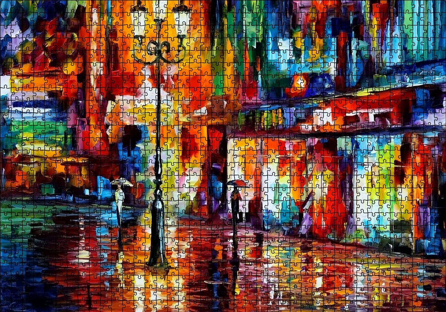 Yağmur Mağaza Işıkları ve Sokak Lambası Yağlı Boya Puzzle Yapboz MDF Ahşap 1000 Parça 49 cm X 68 cm