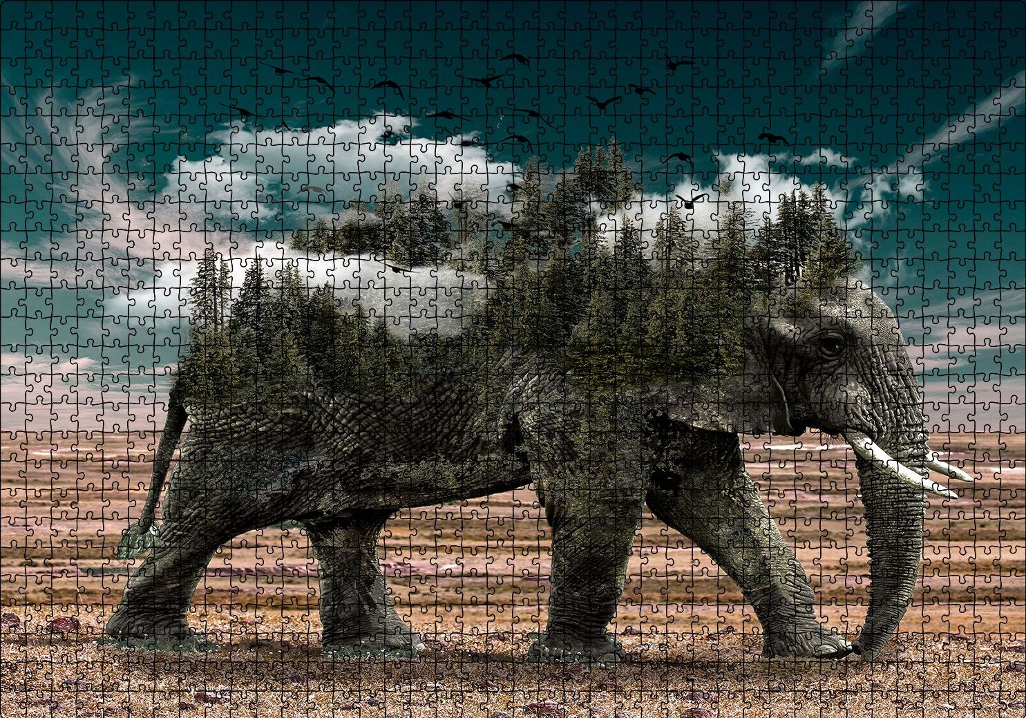 Ormanları ve Bulutları Barındıran Fil Puzzle Yapboz MDF Ahşap 1000 Parça 49 cm X 68 cm