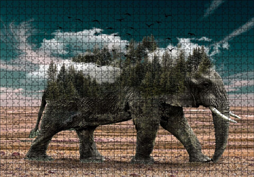 Ormanları ve Bulutları Barındıran Fil Puzzle Yapboz MDF Ahşap 1000 Parça 49 cm X 68 cm