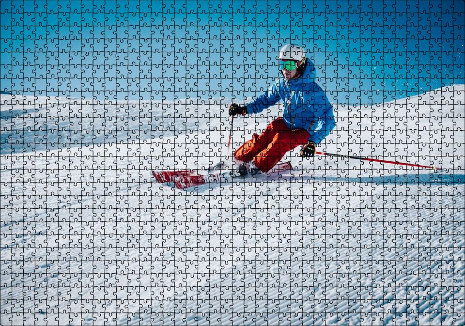 Tepeden İnen Kayakçı Siporu Puzzle Yapboz MDF Ahşap 1000 Parça 49 cm X 68 cm