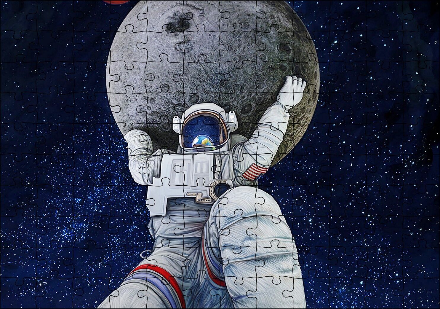 Ayı Taşıyan Astronot İllüstrasyon Puzzle Yapboz MDF Ahşap