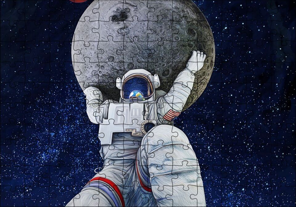 Ayı Taşıyan Astronot İllüstrasyon Puzzle Yapboz MDF Ahşap