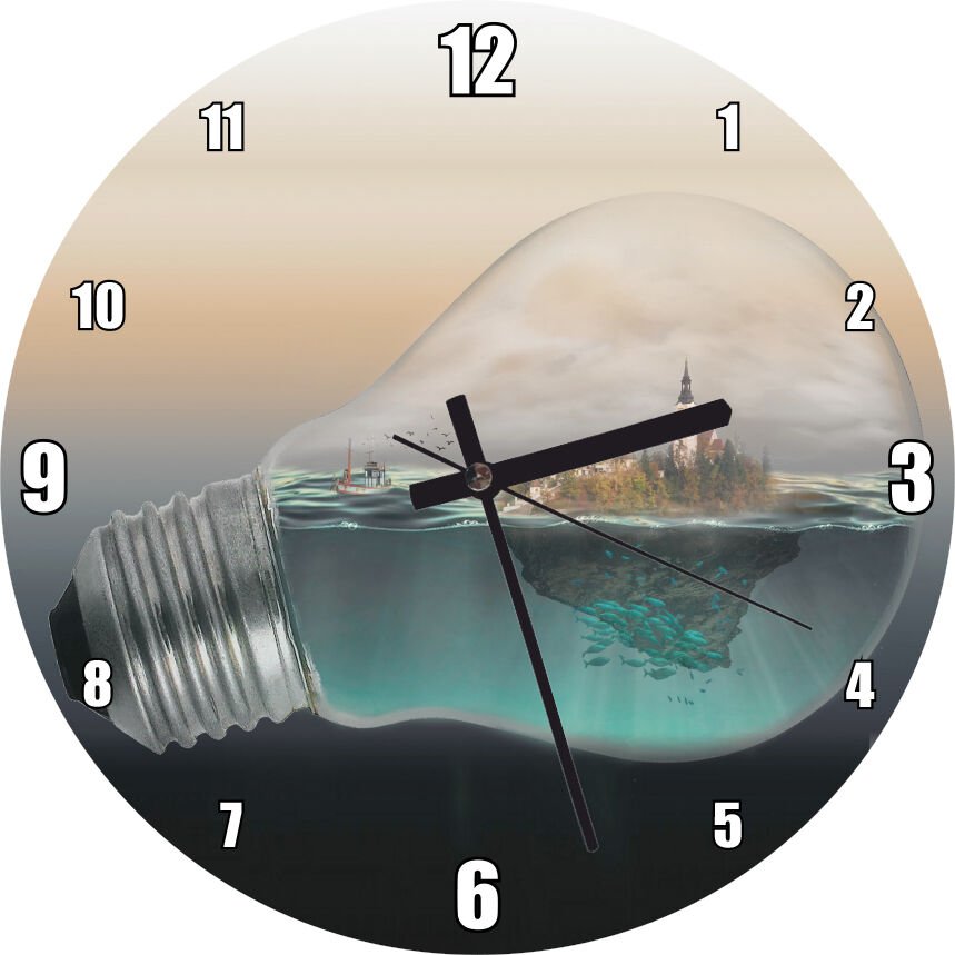 Ampul İçinde Okyanus ve Ada İllüstrasyonu  Mdf Ahşap Duvar Saati