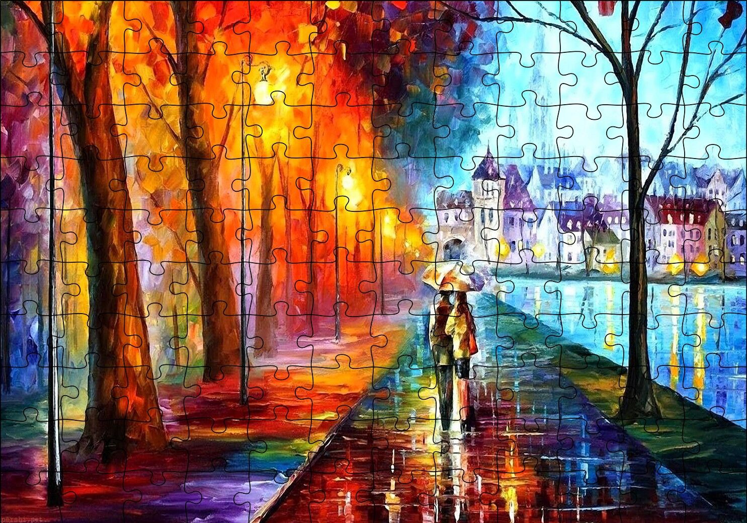 Yağmur Sahil Şemsiyeli Çift Yağlı Boya Puzzle Yapboz MDF Ahşap 120 Parça 24 cm X 34 cm