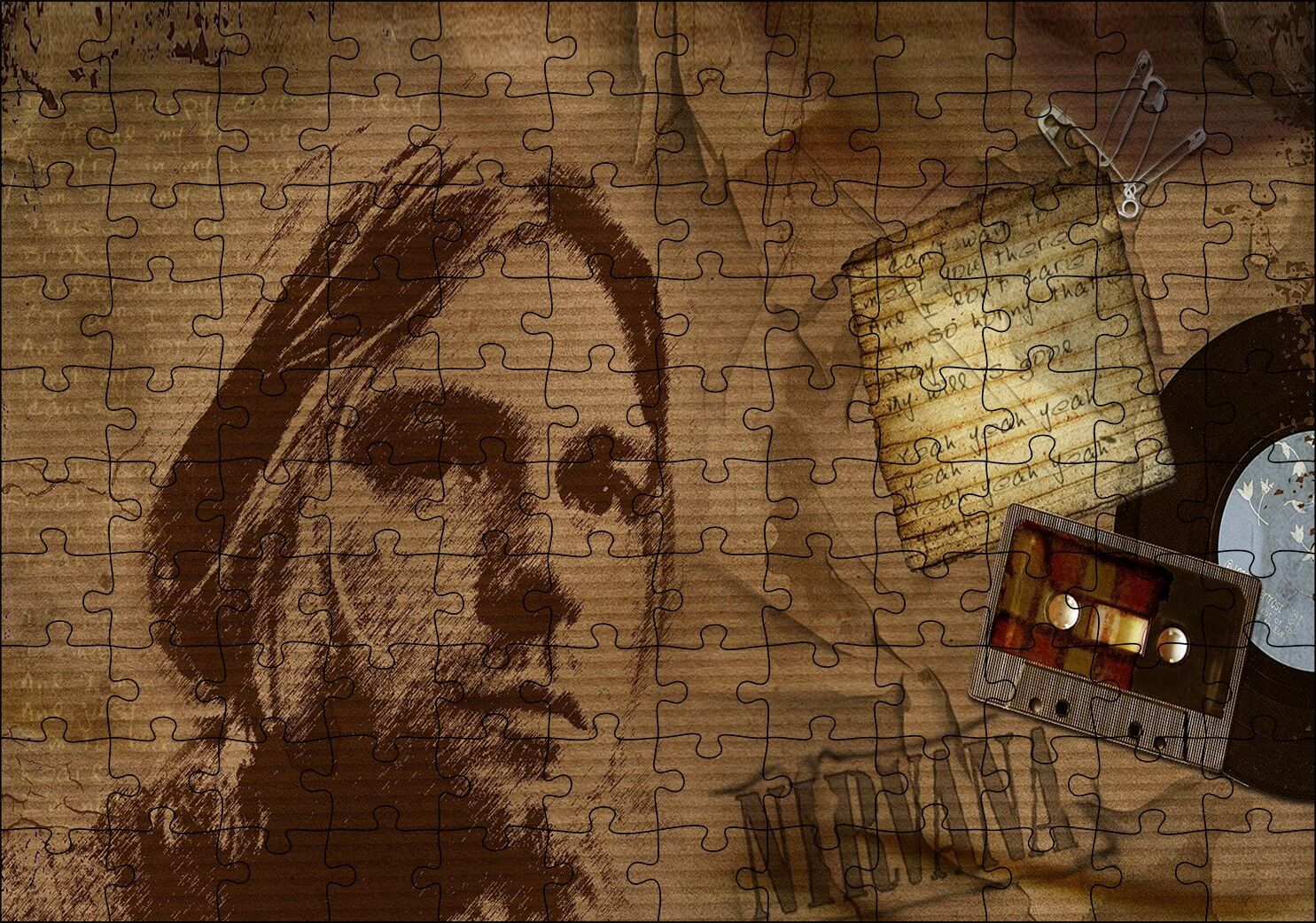 Kurt Cobain ve Şarkı Sözleri Puzzle Yapboz MDF Ahşap 120 Parça 24 cm X 34 cm